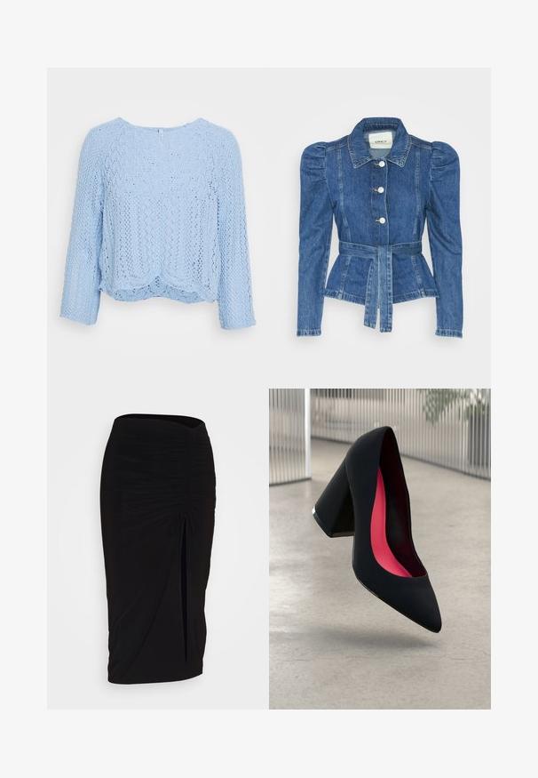 Jachetă din denim cu talie cu curea, bust ajustat și umeri bufanți. Culoare albastră medie, design structurat și închidere cu nasturi în față.; Pulover tricotat de culoare albastru deschis, cu o croială lejeră, gât rotund și mâneci trei sferturi. Dispune de un model texturat de dantelă și tiv ondulat.; Fustă creion neagră, plisată, cu detalii cu fundă și o fanta laterală. Fabricată dintr-un material elastic, cu o textură netedă și un design care se mulează pe corp.; Cămașă cu toc înalt, neagră, cu vârful ascuțit, suprafață texturată și interior de un roz vibrant. Dispune de un toc gros cu accent argintiu.
