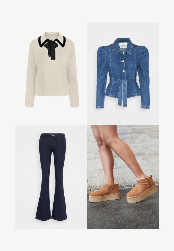 Denim jacket with a belted waist, fitted bodice, and puffed shoulders. Medium blue color, structured design, and front button closures.; Beige long-sleeve blouse with a black collar and bow detail. Soft texture, relaxed fit, and a cropped length design.; Dark denim flared jeans with a fitted waist, featuring a front button closure, five-pocket design, and seam detailing along the legs.; Brown suede ankle boots with a plush lining, thick beige platform sole, and a rear pull tab. Textured surface with visible stitching details.