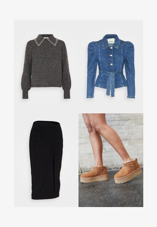 Denim jacket with a belted waist, fitted bodice, and puffed shoulders. Medium blue color, structured design, and front button closures.; Dark gray sweater with a textured knit, featuring a collar adorned with pearl accents and puffed sleeves, ribbed cuffs, and hem.; Black, ruched pencil skirt with tie detail and a side slit. Made from a stretchy fabric, featuring a smooth texture and form-fitting design.; Brown suede ankle boots with a plush lining, thick beige platform sole, and a rear pull tab. Textured surface with visible stitching details.
