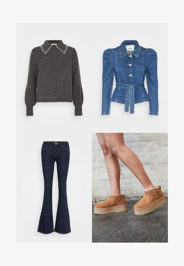 Jeansjacke mit tailliertem Schnitt, fitted Oberteil und gepufften Schultern. Mittelblaue Farbe, strukturierte Form und Frontknopfverschlüsse.; Dunkelgrauer Pullover mit strukturiertem Strick, versehen mit einem Kragen, der mit Perlenakzenten geschmückt ist, sowie schwingenden Ärmeln, gerippten Manschetten und Saum.; Dunkelblaue, ausstellende Jeans mit einer schmalen Taille, vorderer Knopfverschluss, Fünf-Taschen-Design und Nahtdetails entlang der Beine.; Braune Wildleder-Stiefeletten mit einem weichen Futter, dicker beige Plateau-Sohle und einer Zuglasche auf der Rückseite. Strukturiert Oberfläche mit sichtbaren Nähdetails.