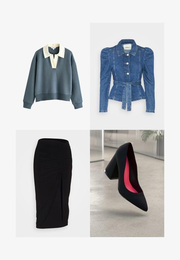 Giacca in denim con vita cintrata, corpino aderente e spalle imbottite. Colore blu medio, design strutturato e chiusura frontale con bottoni.; Pullover blu a maniche lunghe con un ampio colletto crema e scollo a V, polsini e orlo a costine, realizzato in tessuto lavorato a maglia.; Gonna a tubino nera, arricciata, con dettaglio a fiocco e uno spacco laterale. Realizzata in un tessuto elasticizzato, presenta una texture liscia e un design aderente.; Scarpa con tacco alto nera, con punta affusolata, superficie testurizzata e un vivace interno rosa. Presenta un tacco spesso con un accento argentato.