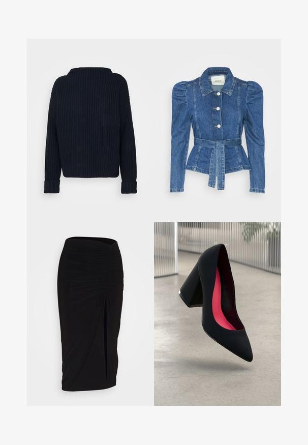 Spijkerjack met een ceintuur in de taille, een getailleerd lijfje en pofmouwen. Middelblauwe kleur, gestructureerd ontwerp en knoopsluitingen aan de voorkant.; Navyblauwe gebreide sweater, met een hoge halslijn, geribbelde textuur en lange mouwen met omgeslagen boorden. Algehele relaxte pasvorm.; Zwarte, gerimpelde kokerrok met strikdetail en een zijsplit. Gemaakt van een rekbaar stof, met een soepele textuur en een aansluitend ontwerp.; Zwarte hoge hak met een spitse neus, textuur op het oppervlak en een opvallend roze interieur. Beschikt over een chunky hak met zilveren accent.