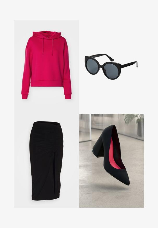 Farmer dzseki övvel a deréknál, testhez simuló fazon és puffos vállakkal. Középkék szín, struktúrált kialakítás és elöl gombos záródás.; ONLY Play ONPLOUNGE LIFE HOOD - Kapucnis pulóver - granita; Fekete, ráncolt ceruzaszoknya kötött részlettel és oldalsó hasítékkal. Rugalmas anyagból készült, sima textúrával és testhez álló kialakítással.; Fekete magassarkú cipő hegyes orral, textúrált felülettel és élénk rózsaszín béléssel. Vastag sarokkal rendelkezik, ezüst kiegészítővel.; Fekete, nagy méretű macskaszem alakú napszemüveg, sötét szűrt lencsékkel és fényes műanyag kerettel. Vastag szárakkal rendelkezik a megfelelő tartás érdekében.
