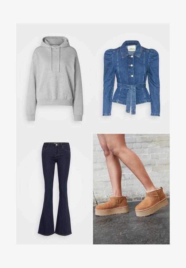 Denimo striukė su dirželiu liemens srityje, prigludusia forma ir pūstomis pečių dalimis. Vidutinio mėlynumo spalva, struktūrizuotas dizainas ir priekiniai mygtukų užsegimai.; Pilkos spalvos medvilnės mišinys, su kengūros kišeniu, reguliuojamu gobtuvu, ilgomis rankovėmis ir išgaubtomis rankogaliais bei apvadu.; Tamsiai džinsinio audinio platėjančios kelnės su prigludusia juosmens linija, turinčios priekinį mygtuko užsegimą, penkių kišenių dizainą ir siūlių detales palei kojas.; Rudos zomšiniai kulkšniniai batai su minkštu pamušalu, storu smėlio spalvos platforminiu padu ir gale esančia kilpa. Tekstūruotas paviršius su matomais siuvimo detalėmis.