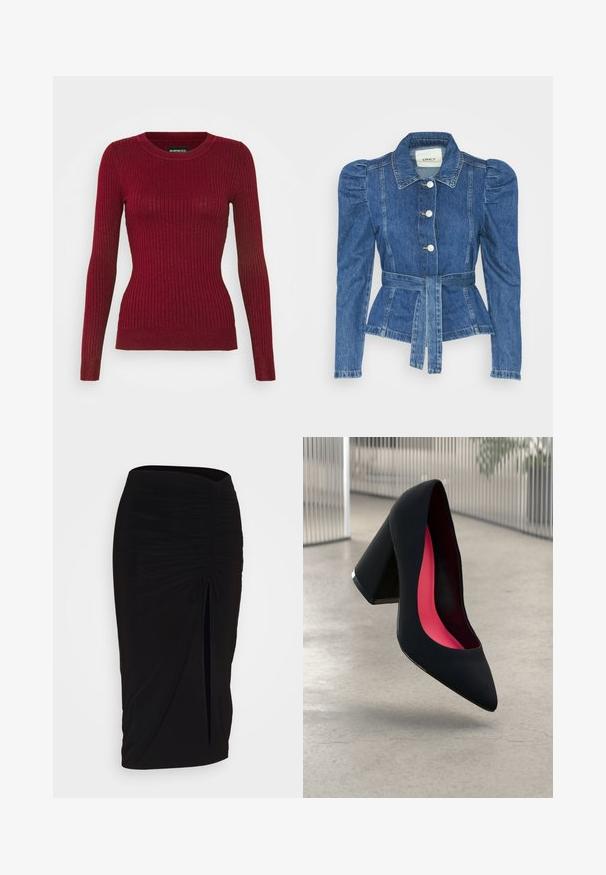 Giacca in denim con vita cintrata, corpino aderente e spalle imbottite. Colore blu medio, design strutturato e chiusura frontale con bottoni.; Maglione lungo a maniche lunghe rosso a coste con scollatura rotonda. Presenta una silhouette aderente e un tessuto testurizzato, con una leggera elasticità.; Gonna a tubino nera, arricciata, con dettaglio a fiocco e uno spacco laterale. Realizzata in un tessuto elasticizzato, presenta una texture liscia e un design aderente.; Scarpa con tacco alto nera, con punta affusolata, superficie testurizzata e un vivace interno rosa. Presenta un tacco spesso con un accento argentato.