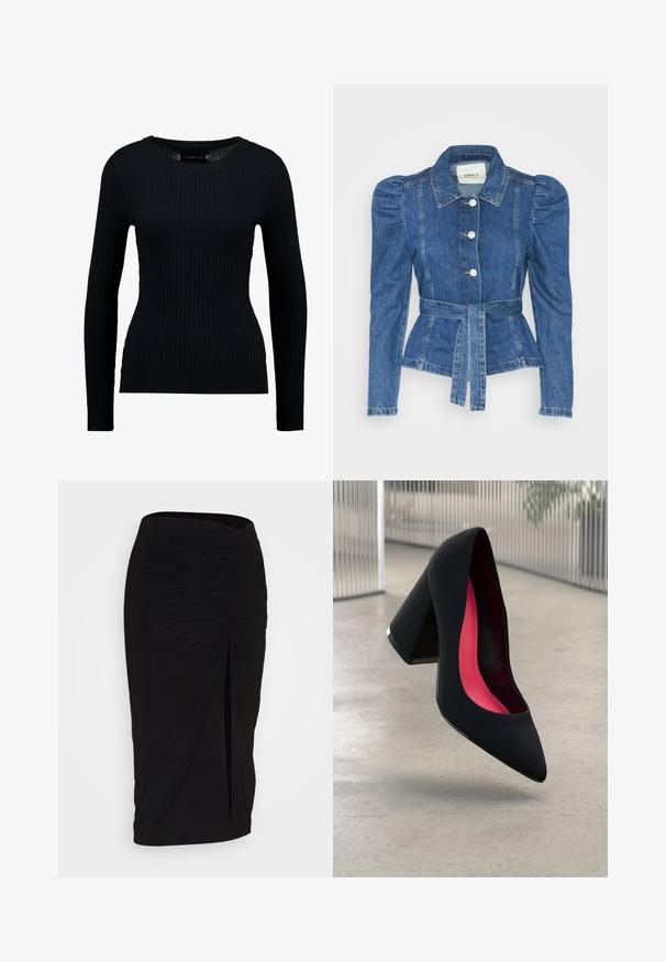 Jachetă din denim cu talie cu curea, bust ajustat și umeri bufanți. Culoare albastră medie, design structurat și închidere cu nasturi în față.; Pulover negru cu maneci lungi, dintr-un material ribbat, având guler rotund și o siluetă ajustată. Textura este netedă, cu o ușoară elasticitate.; Fustă creion neagră, plisată, cu detalii cu fundă și o fanta laterală. Fabricată dintr-un material elastic, cu o textură netedă și un design care se mulează pe corp.; Cămașă cu toc înalt, neagră, cu vârful ascuțit, suprafață texturată și interior de un roz vibrant. Dispune de un toc gros cu accent argintiu.