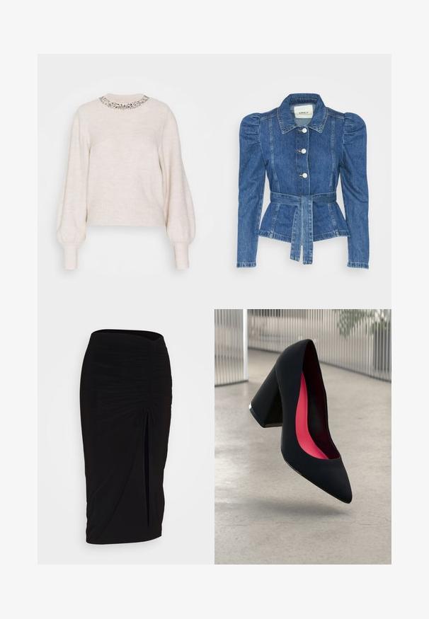 Denimiga jope, mille vöökoht on reguleeritav, kehaosa on kitsas ja õlavarred on puhvaariga. Keskmise sinise värvusega, struktureeritud disain ja ees nupulukud.; Kreemikaalune kampsun ribatud tekstuuri, pikkade balloonvarrukkatega ja dekoratiivse beedist kaelusegа. Kiirgab pehmet ja mõnusat väljanägemist.; Mustast, rikutud pliiatsiseelik sidumisdetailiga ja küljes lahtise lõhenemisega. Valmistatud venivast kangast, millel on sile tekstuur ja keha lähedane lõige.; Mustad must kõrged kontsad, terava ninaga, tekstuurse pinnaga ning erksa roosa sisemusega. Omab paksu kontsa koos hõbedase aktsendiga.