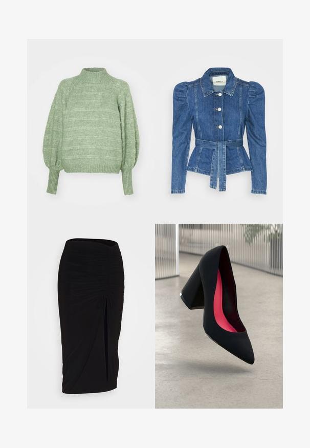 Denim jacket with a belted waist, fitted bodice, and puffed shoulders. Medium blue color, structured design, and front button closures.; Green knitted sweater with a high collar, long balloon sleeves, and ribbed cuffs. Features a textured, horizontal stripe pattern.; Black, ruched pencil skirt with tie detail and a side slit. Made from a stretchy fabric, featuring a smooth texture and form-fitting design.; Black high heel shoe with a pointed toe, textured surface, and a vibrant pink interior. Features a chunky heel with silver accent.
