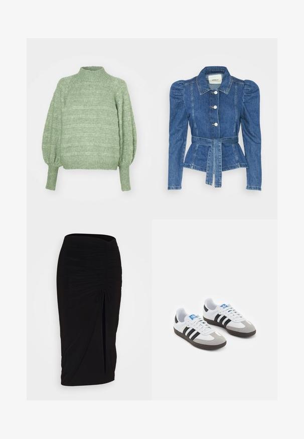 Farmer dzseki övvel a deréknál, testhez simuló fazon és puffos vállakkal. Középkék szín, struktúrált kialakítás és elöl gombos záródás.; Zöld kötött pulóver magas gallérral, hosszú, ballonujjúval és bordás mandzsettával. Texturált, vízszintes csíkozással rendelkezik.; Fekete, ráncolt ceruzaszoknya kötött részlettel és oldalsó hasítékkal. Rugalmas anyagból készült, sima textúrával és testhez álló kialakítással.; Fehér bőr felsőrészes sportcipő, szürke velúrból készült orral és három fekete csíkkal. Jellemzője a kék logó a nyelvén és egy texturált gumitalp.