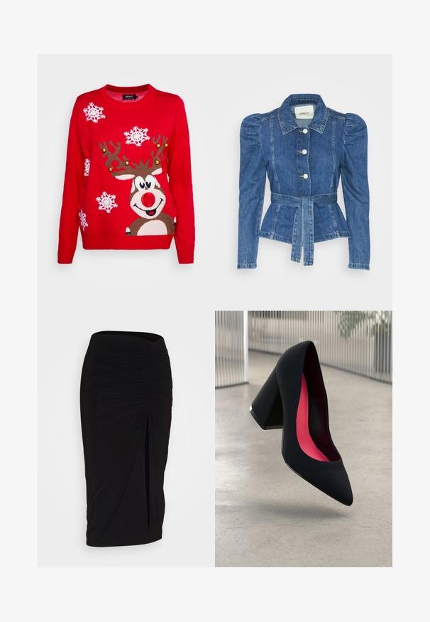 Jeansjacke mit tailliertem Schnitt, fitted Oberteil und gepufften Schultern. Mittelblaue Farbe, strukturierte Form und Frontknopfverschlüsse.; ONLY XMAS BELL LS EX - Strickpullover - red; Schwarzer, geraffter Bleistiftrock mit Bindegürtel und seitlichem Schlitz. Hergestellt aus einem dehnbaren Stoff, mit glatter Textur und figurschmeichelndem Design.; Schwarzer High Heel Schuh mit spitzer Zehe, strukturiertem Obermaterial und lebhaftem pinken Innenraum. Verfügt über einen dicken Absatz mit silberner Akzentuierung.