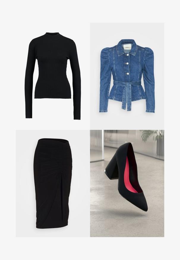 Giacca in denim con vita cintrata, corpino aderente e spalle imbottite. Colore blu medio, design strutturato e chiusura frontale con bottoni.; Maglione a collo alto nero a coste con maniche lunghe e design aderente, caratterizzato da una texture liscia e da una silhouette strutturata.; Gonna a tubino nera, arricciata, con dettaglio a fiocco e uno spacco laterale. Realizzata in un tessuto elasticizzato, presenta una texture liscia e un design aderente.; Scarpa con tacco alto nera, con punta affusolata, superficie testurizzata e un vivace interno rosa. Presenta un tacco spesso con un accento argentato.