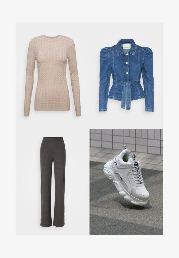 Riposso takki, jossa on vyöllinen vyötärö, istuva vartalo ja puffatut olkapäät. Keskisininen väri, rakenteellinen muotoilu ja etupainetut napit.; Vaaleanbeige pitkähihainen villatakki, jossa on tekstuuri, pyöreä pääntie ja ribbaatut hihan suut. Valmistettu pehmeästä ja kevyestä kankaasta.; Harmaat ribbeillä varustetut neulehousut, joissa on leveä lahje ja joustava vyötärö. Kankaalla on teksturoitu ulkonäkö, mikä tarjoaa rentoa istuvuutta.; Valkoiset tennarit, joissa on verkko- ja nahkamateriaaleja, pyöreä kärki, paksu pohja, erottuvat nauhat sekä brändäys kantapäässä ja kielessä.