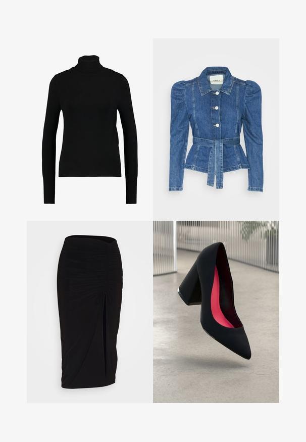 Jeansjacka med midjebälte, åtsittande liv och puffiga axlar. Mellanblå färg, strukturerad design och knäppning fram.; Svart långärmad polotröja gjord av lätt ribbat stickat tyg; har en figurnära passform och hög krage, utan ytterligare dekorationer.; Svart, rynkad pennkjol med knytning och en sidoslits. Tillverkad av ett elastiskt tyg, med en jämn yta och figurnära design.; Svart högklackad sko med spetsig tå, texturerad yta och en livlig rosa inredning. Har en kraftig klack med silverdetaljer.