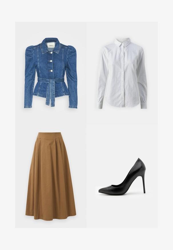 Traper jakna s pojasom u struku, prilagođenim tijelom i nabranim ramenima. Srednje plava boja, strukturirani dizajn i prednje kopčanje na tipke.; Bjela košulja na dugih rukava od glatkog pamuka, s klasičnom kragnom i zakrivljenim rubom. Dugmad su mala i bijela.; Smeđa pamučna suknja A kroja s visokim strukom, koja ima nabore sprijeda i glatku teksturu. Završetci donjeg ruba su čisti i jednostavni.; Crne kožne štikle s visokom potpeticom, šiljastim prstom i glatkom teksturom. Imaju usku špicastu potpeticu i niskog kroja dizajn vampirine.