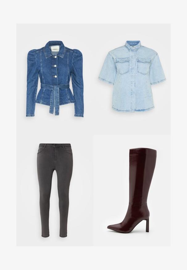 Chaqueta de mezclilla con cintura ceñida, cuerpo ajustado y hombros abullonados. Color azul medio, diseño estructurado y cierres frontales de botones.; Camisa de mezclilla azul claro de manga corta, con dos bolsillos delanteros y adornada con pequeños remaches plateados en toda la prenda.; Jean de mezclilla gris de corte ajustado con un diseño clásico de cinco bolsillos, cierre de botón en la parte frontal y un ligero estiramiento para mayor comodidad. Textura suave.; Even&Odd Botas - dark red