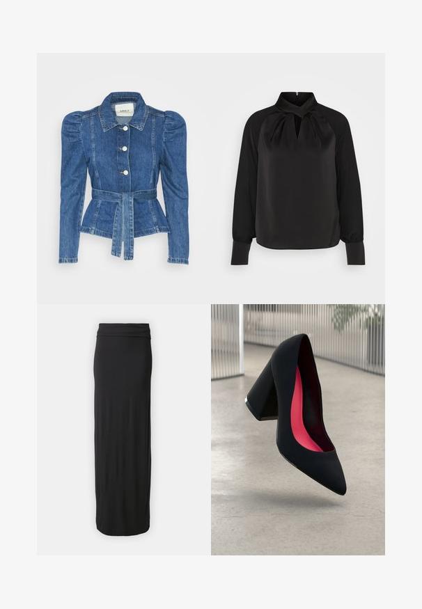 Traper jakna s pojasom u struku, prilagođenim tijelom i nabranim ramenima. Srednje plava boja, strukturirani dizajn i prednje kopčanje na tipke.; Crna satenasta bluza s visokim ovratnikom, nabranim detaljima oko vrata i dugim rukavima s uskim manžetama. Glatka tekstura, minimalistički dizajn.; Crna, suknja do poda izrađena od mekane, rastezljive tkanine s uskim pojasom. Jednostavan, gladak dizajn bez uzoraka ili ukrasa.; Crna visoka potpetica s oštrim vrhom, teksturiranom površinom i živopisnom ružičastom unutrašnjošću. Ima masivnu potpeticu s srebrnim detaljem.