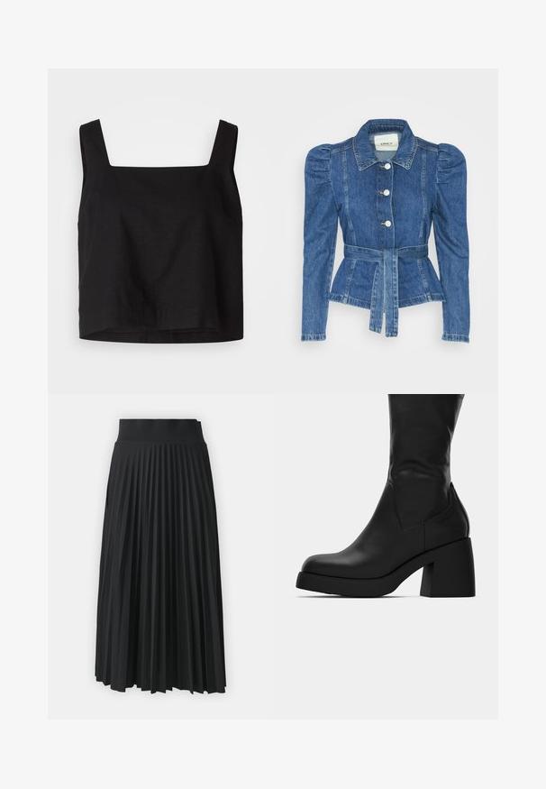 Giacca in denim con vita cintrata, corpino aderente e spalle imbottite. Colore blu medio, design strutturato e chiusura frontale con bottoni.; Top corto nero con scollatura quadrata, realizzato in tessuto di lino. Presenta spalline larghe e una vestibilità leggermente rilassata con orlo dritto.; Gonna nera a pieghe con una cintura larga, caratterizzata da pieghe verticali uniformi. Texture liscia con un design fluido.; Stivale in pelle nera a metà polpaccio con tacco largo e punta arrotondata, mostrato in profilo laterale su sfondo bianco.