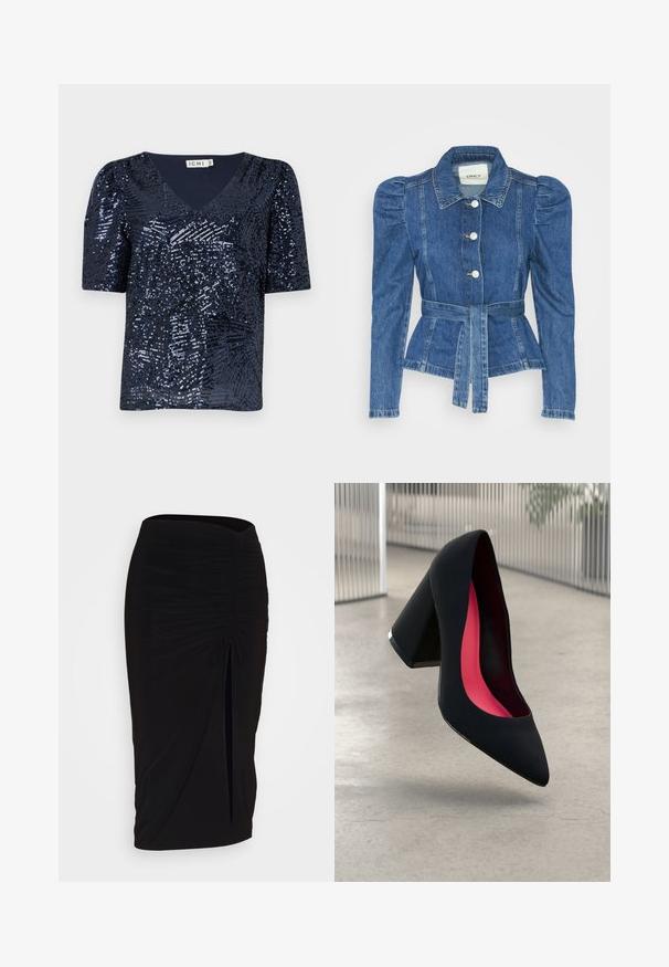Jeansjacka med midjebälte, åtsittande liv och puffiga axlar. Mellanblå färg, strukturerad design och knäppning fram.; Mörkblå kortärmad V-ringad topp, täckt av paljetter med ett strukturerat mönster, med lös passform och något puffärmar.; Svart, rynkad pennkjol med knytning och en sidoslits. Tillverkad av ett elastiskt tyg, med en jämn yta och figurnära design.; Svart högklackad sko med spetsig tå, texturerad yta och en livlig rosa inredning. Har en kraftig klack med silverdetaljer.
