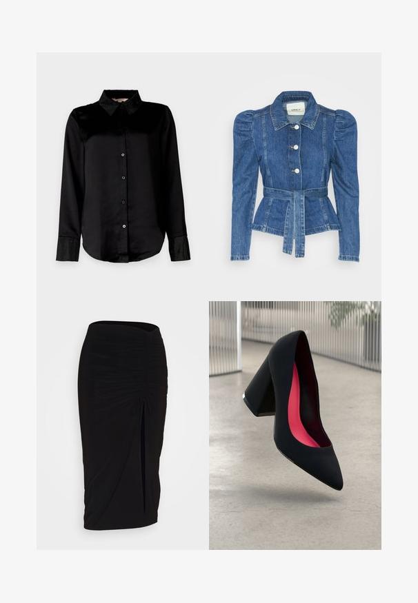 Denim jacket with a belted waist, fitted bodice, and puffed shoulders. Medium blue color, structured design, and front button closures.; Black long-sleeve shirt with a smooth texture, featuring a sparkling embellished collar and cuffs, and button-down front.; Black, ruched pencil skirt with tie detail and a side slit. Made from a stretchy fabric, featuring a smooth texture and form-fitting design.; Black high heel shoe with a pointed toe, textured surface, and a vibrant pink interior. Features a chunky heel with silver accent.