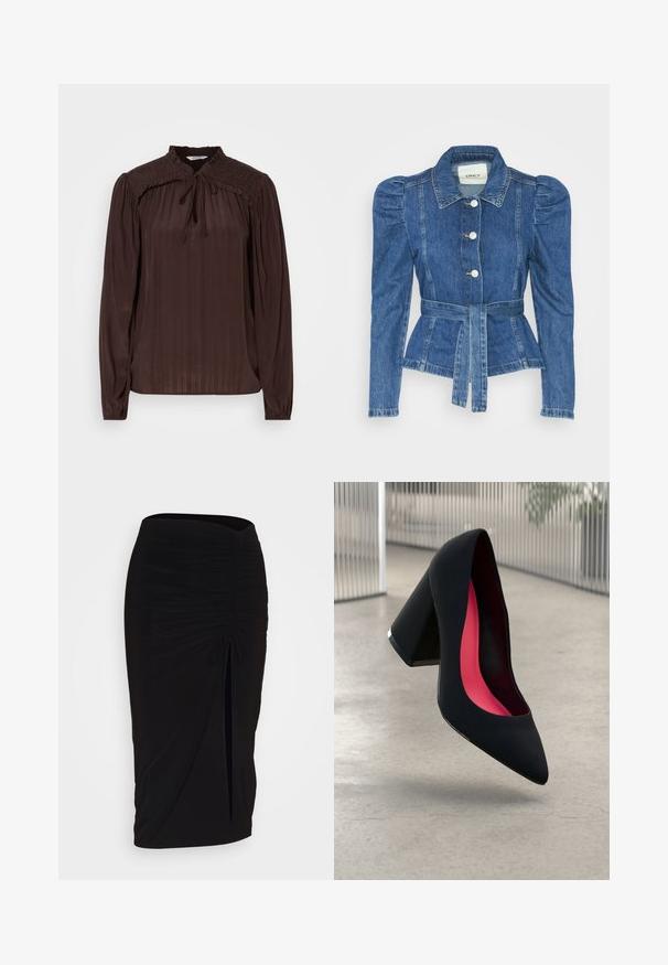 Denim jacket with a belted waist, fitted bodice, and puffed shoulders. Medium blue color, structured design, and front button closures.; Brown long-sleeve blouse with a keyhole neckline, pleated texture, smocked shoulders, and gathered cuffs. Lightweight, flowing fabric.; Black, ruched pencil skirt with tie detail and a side slit. Made from a stretchy fabric, featuring a smooth texture and form-fitting design.; Black high heel shoe with a pointed toe, textured surface, and a vibrant pink interior. Features a chunky heel with silver accent.