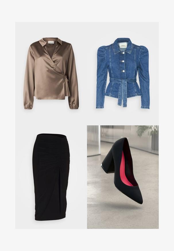 Džínová bunda s opaskom v páse, priliehavým telom a vypúknutými ramenami. Stredne modrá farba, štruktúrovaný dizajn a predné gombíkové zapínanie.; Hnedá saténová blúzka s dlhými rukávmi, golierom a detailom na bočnej kravate. Hladká textúra s jemným leskom, so strihom do V.; Čierna, riasená ceruzková sukňa s viazaním a bočným rozparkom. Vyrobená z elastického materiálu, s hladkou textúrou a priliehavým dizajnom.; Čierna lodička na vysokom opätku s špicatou špičkou, štruktúrovaným povrchom a živým ružovým interiérom. Obsahuje robustný opätok so strieborným akcentom.