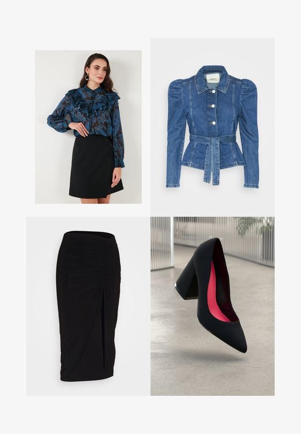 Džinsu jaka ar jostas vidukli, pieguļošu augšdaļu un pūšām plecu daļām. Vidēji zila krāsa, strukturēts dizains un priekšējie pogu aizdarījumi.; Zila ar rakstiem blūze ar volāniem un pogātām piedurknēm, apvienota ar melnu apakšsvārku, kuram sānos ir divas pogas.; Melna, ručām veidota zīda svārku ar saišu detaļu un sānu izgriezumu. Izgatavota no elastīga auduma, ar gludu tekstūru un pieguļošu dizainu.; Melna augsta papēža kurpe ar smailu purngalu, teksturētu virsmu un dzīvespriecīgu rozā interjeru. Satur masīlu papēdi ar sudraba akcentu.