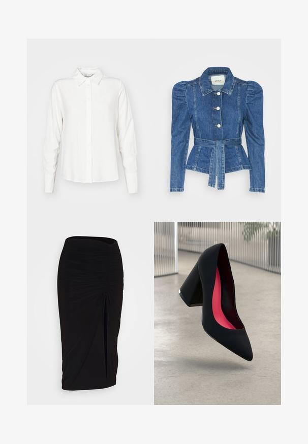 Denimiga jope, mille vöökoht on reguleeritav, kehaosa on kitsas ja õlavarred on puhvaariga. Keskmise sinise värvusega, struktureeritud disain ja ees nupulukud.; Valge, pikkade varrukatega nööbiga särk kraega, valmistatud siledast kangast; omab sirget lõiget ja peent tekstuuri.; Must muströmpa mustristik pikkannukkide mustri kõrgetting toori jalgade kinnitanud, mulit haufri. Pakk keskosa ülemine vilip. ; Mustast, rikutud pliiatsiseelik sidumisdetailiga ja küljes lahtise lõhenemisega. Valmistatud venivast kangast, millel on sile tekstuur ja keha lähedane lõige.; Mustad must kõrged kontsad, terava ninaga, tekstuurse pinnaga ning erksa roosa sisemusega. Omab paksu kontsa koos hõbedase aktsendiga.