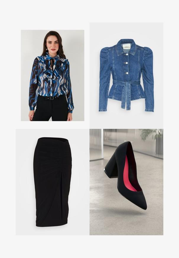 Denim jacket with a belted waist, fitted bodice, and puffed shoulders. Medium blue color, structured design, and front button closures.; Long-sleeve blouse with ruffled details in blue, brown, and cream wave patterns. Features button-down front and a neck tie.; Black, ruched pencil skirt with tie detail and a side slit. Made from a stretchy fabric, featuring a smooth texture and form-fitting design.; Black high heel shoe with a pointed toe, textured surface, and a vibrant pink interior. Features a chunky heel with silver accent.