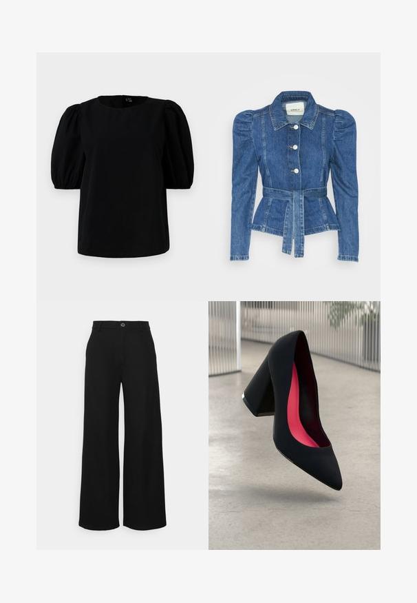 Denim jakna z pasom, prilegajoča bodica in napihnjena ramena. Srednje modra barva, strukturna zasnova in sprednje gumbne zanke.; Črna majica z okroglim izrezom in kratkimi naborkastimi rokavi. Tkanina je gladka, brez vidnih vzorcev ali okrasnih elementov.; Even&Odd Petite Hlače - black; Črne visoke petke z nazobčanim prstom, teksturirano površino in živahnimi rožnatimi notranjimi deli. Imajo robustno peto z srebrnim akcentom.