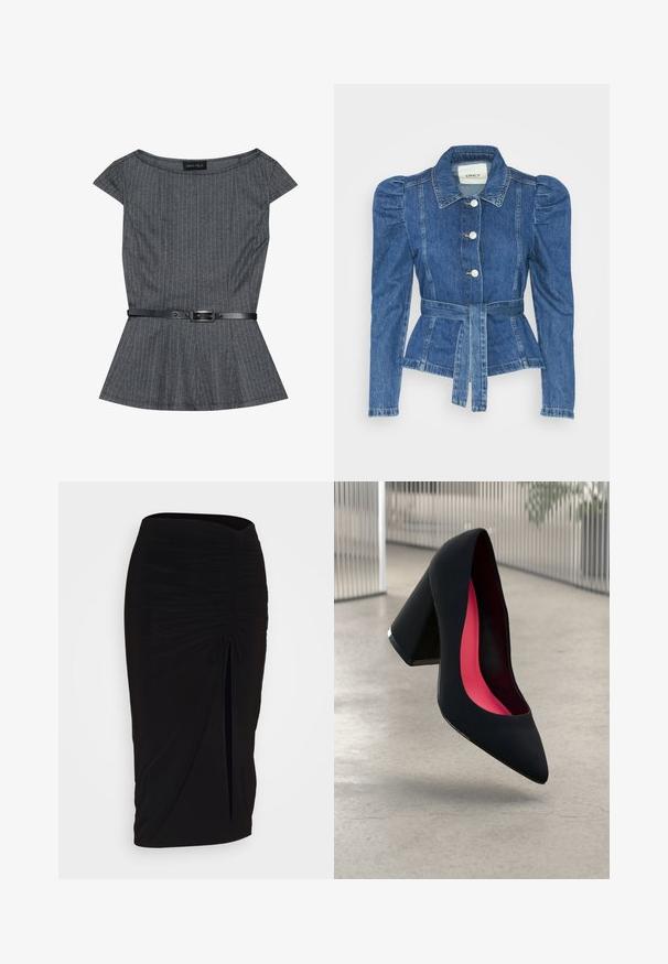 Jachetă din denim cu talie cu curea, bust ajustat și umeri bufanți. Culoare albastră medie, design structurat și închidere cu nasturi în față.; Top peplum gri cu dungi verticale subțiri, mâneci scurte și o curea neagră cu cataramă. Realizat dintr-un material texturat.; Fustă creion neagră, plisată, cu detalii cu fundă și o fanta laterală. Fabricată dintr-un material elastic, cu o textură netedă și un design care se mulează pe corp.; Pantof negru cu toc înalt, vârf ascuțit și partea superioară texturată. Interiorul are o captuseală roz aprins. Toc pătrat cu accente metalice la bază.