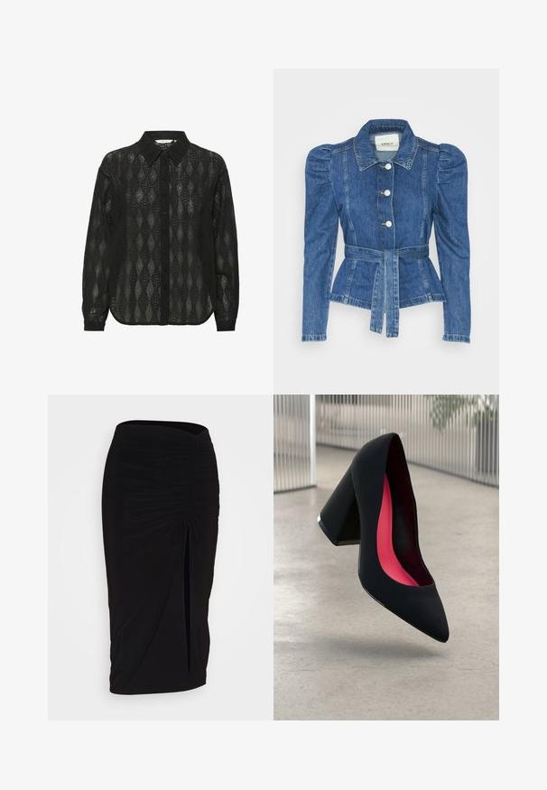 Riposso takki, jossa on vyöllinen vyötärö, istuva vartalo ja puffatut olkapäät. Keskisininen väri, rakenteellinen muotoilu ja etupainetut napit.; Mustapaita, joka on valmistettu läpikuultavasta kankaasta ja jossa on timanttikuvio. Pitkät hihat nappikauluksilla.; Musta, rypytetty kynähame, jossa on solmuseikkaus ja sivurako. Valmistettu joustavasta kankaasta, joka tarjoaa sileän pinnan ja vartaloon kiinnittyvän muodon.; Musta korkokenkä, jossa on terävä kärki, teksturoitu pinta ja kirkkaan vaaleanpunainen sisus. Varustettu tukevalla kannalla, jossa on hopeinen yksityiskohta.