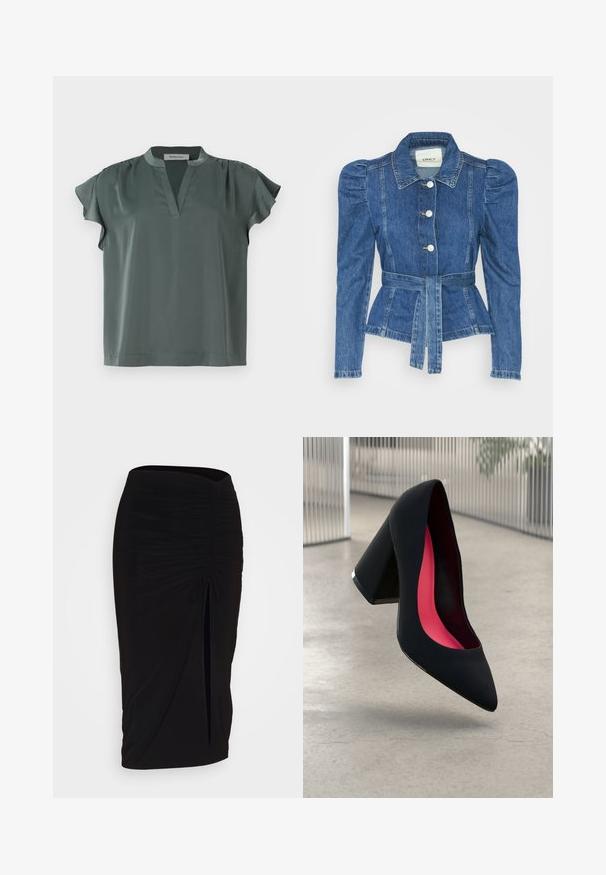 Farmer dzseki övvel a deréknál, testhez simuló fazon és puffos vállakkal. Középkék szín, struktúrált kialakítás és elöl gombos záródás.; Rövid ujjú, olíva zöld blúz sima anyagból, V-nyakkal és redős vállrész részletekkel. Kényelmes fazon, egyenes aljjal.; Fekete, ráncolt ceruzaszoknya kötött részlettel és oldalsó hasítékkal. Rugalmas anyagból készült, sima textúrával és testhez álló kialakítással.; Fekete magassarkú cipő hegyes orral, textúrált felülettel és élénk rózsaszín béléssel. Vastag sarokkal rendelkezik, ezüst kiegészítővel.