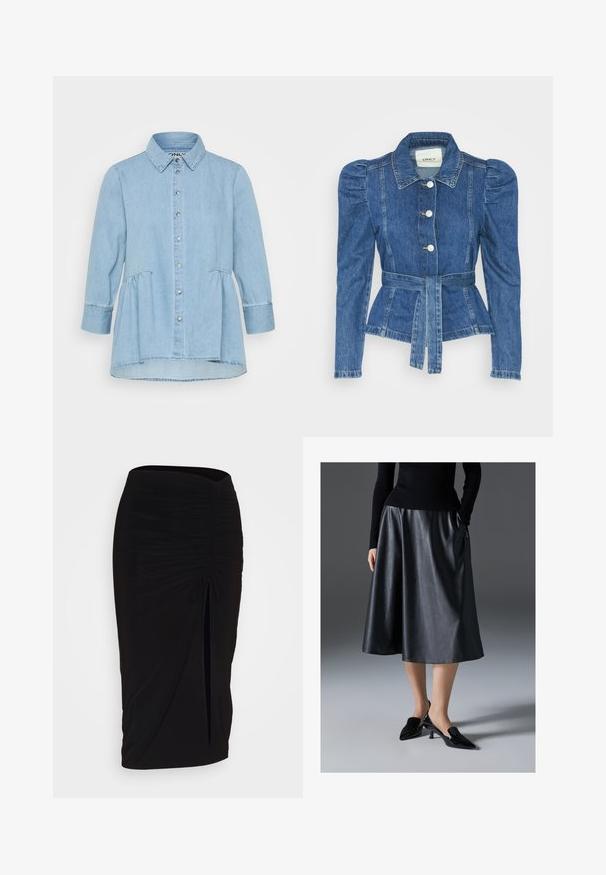 Jeansjakke med belte i midjen, tettsittende midje og puffede skuldre. Medium blå farge, strukturert design og frontknapper.; ONLY Petite ONLMARY CANBERRA AUTHENTIC - Skjortebluse - medium blue denim; Svart, rynket blyantskjørt med knyting og sidelits. Laget av et elastisk stoff, med en glatt tekstur og en kroppsnær passform.; Svart skinn midi skjørt med en glatt tekstur; har en midje og sidelommer. Kombinert med glinsende svarte hæler.