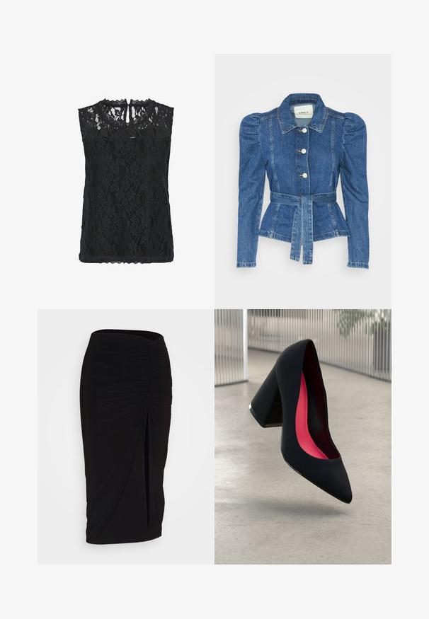 Denimo striukė su dirželiu liemens srityje, prigludusia forma ir pūstomis pečių dalimis. Vidutinio mėlynumo spalva, struktūrizuotas dizainas ir priekiniai mygtukų užsegimai.; Juoda nėriniuota be rankovių palaidinė su gėlių raštais, banguotu kaklu ir raktų skylutės formos nugarėle. Lengvas audinys su tekstūruotu paviršiumi.; Juoda, raukšlėta pieštuko sijonas su raišteliu ir šoniniu įpjovimu. Pagamintas iš elastingos medžiagos, pasižymi lygiu paviršiumi ir prigludusia forma.; Juoda aukštakulnė bateliai su aštriu priekeliu ir tekstūruotu viršumi. Viduje ryškiai rožinė pamušalas. Kvadratinis kulnas su metaliniu akcentu pado pagrinde.