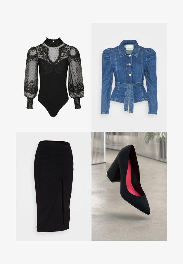 Jeansowa kurtka z pasem w talii, dopasowaną górą i bufiaste ramiona. Średni niebieski kolor, usztywniony fason oraz zapięcie na guziki z przodu.; Czarny body z wysokim, falbaniastym kołnierzem, przezroczystymi puff sleeves z koronkowymi akcentami oraz dopasowanym dołem. Udekorowane kropkami i kwiatowymi wzorami.; Czarna, marszczona spódnica typu ołówkowego z węzłem i bocznym rozcięciem. Wykonana z elastycznego materiału, o gładkiej fakturze i dopasowanym kroju.; Czarna szpilka o spiczastym nosie, z teksturowaną powierzchnią i intensywnie różowym wnętrzem. Posiada masywny obcas z srebrnym akcentem.