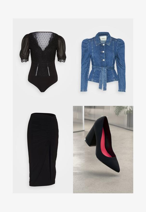 Denim jacket with a belted waist, fitted bodice, and puffed shoulders. Medium blue color, structured design, and front button closures.; Black bodysuit featuring sheer puff sleeves, lace detailing, polka dot mesh at the bodice, and decorative trim along the front.; Black, ruched pencil skirt with tie detail and a side slit. Made from a stretchy fabric, featuring a smooth texture and form-fitting design.; Black high heel shoe with a pointed toe, textured surface, and a vibrant pink interior. Features a chunky heel with silver accent.