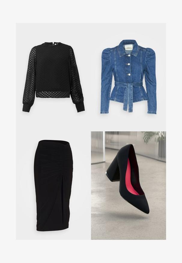 Giacca in denim con vita cintrata, corpino aderente e spalle imbottite. Colore blu medio, design strutturato e chiusura frontale con bottoni.; Maglia nera a maniche lunghe con un motivo a zigzag texturizzato, collo alto e maniche trasparenti. Presenta un'apertura a forma di chiave sul retro e polsini aderenti.; Gonna a tubino nera, arricciata, con dettaglio a fiocco e uno spacco laterale. Realizzata in un tessuto elasticizzato, presenta una texture liscia e un design aderente.; Scarpa con tacco alto nera, con punta affusolata, superficie testurizzata e un vivace interno rosa. Presenta un tacco spesso con un accento argentato.