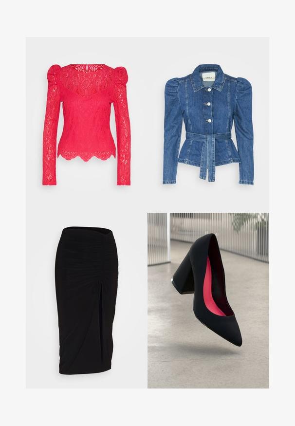 Veste en denim avec une taille ceinturée, un buste ajusté et des épaules bouffantes. Couleur bleu moyen, design structuré et fermetures à boutons sur le devant.; Morgan TYRO - T-shirt à manches longues - fuchsia; Jupe crayon noire froncée avec détail à nouer et fente latérale. Fabriquée à partir d'un tissu extensible, elle présente une texture lisse et une coupe ajustée.; Chaussure à talon noir avec un bout pointu, surface texturée et un intérieur rose vif. Dotée d'un talon épais avec un accent en argent.