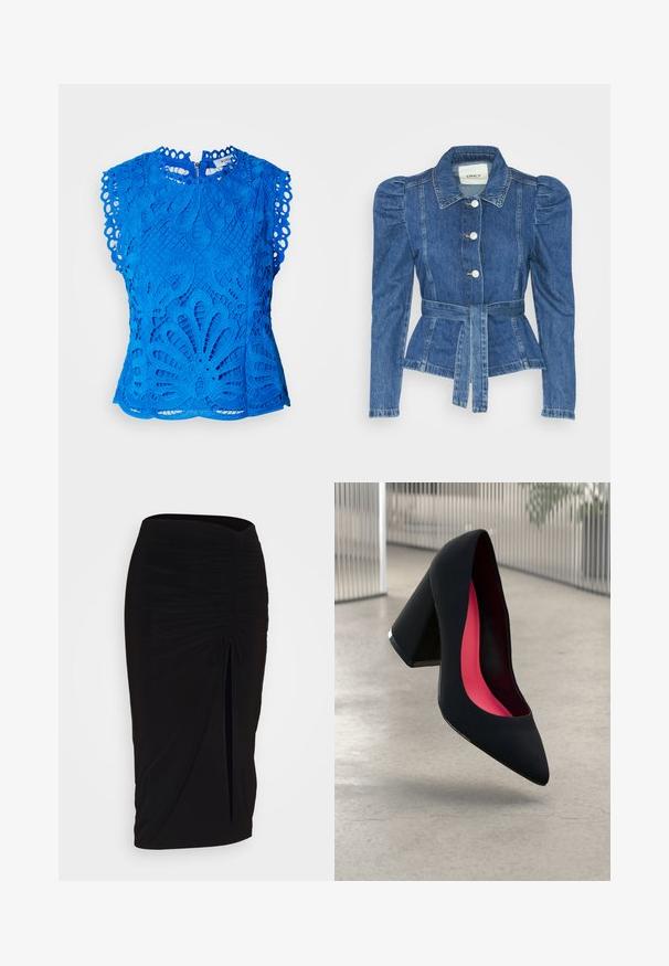 Denim jakna z pasom, prilegajoča bodica in napihnjena ramena. Srednje modra barva, strukturna zasnova in sprednje gumbne zanke.; Modra čipkasta majica z rožnatimi izrezi, z valovnimi rokavi in visokim ovratnikom. Zadrga na hrbtni strani za zapiranje.; Črna, nabrana svinčnik krilo z detajlom v obliki traku in stranskim razporkom. Narejeno iz raztegljive tkanine, ki se ponaša z gladko teksturo in oblikovanjem, ki se prilega telesu.; Črne visoke petke z nazobčanim prstom, teksturirano površino in živahnimi rožnatimi notranjimi deli. Imajo robustno peto z srebrnim akcentom.