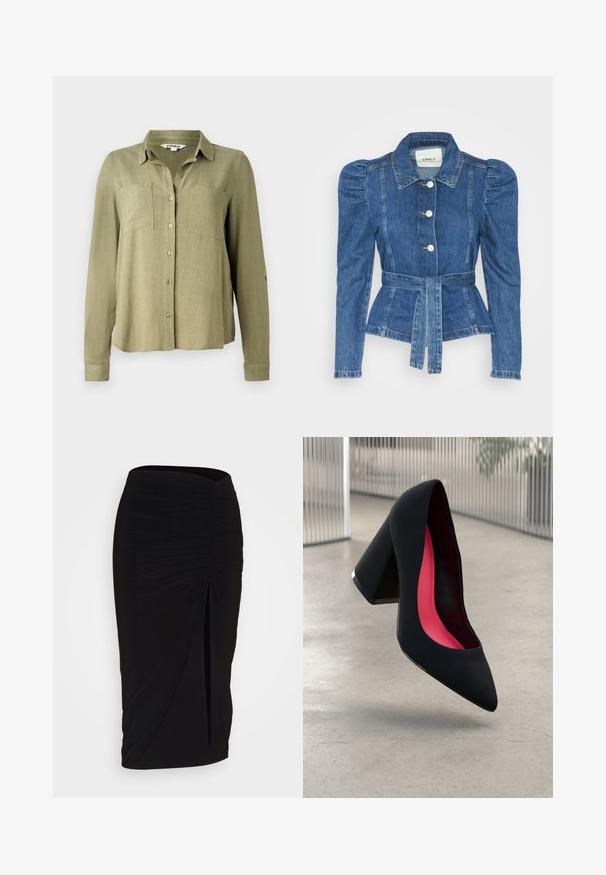 Denim jacket with a belted waist, fitted bodice, and puffed shoulders. Medium blue color, structured design, and front button closures.; Olive green button-up shirt with long sleeves, two chest pockets, and a collared neckline. Made of a lightweight, textured fabric.; Black, ruched pencil skirt with tie detail and a side slit. Made from a stretchy fabric, featuring a smooth texture and form-fitting design.; Black high heel shoe with a pointed toe, textured surface, and a vibrant pink interior. Features a chunky heel with silver accent.
