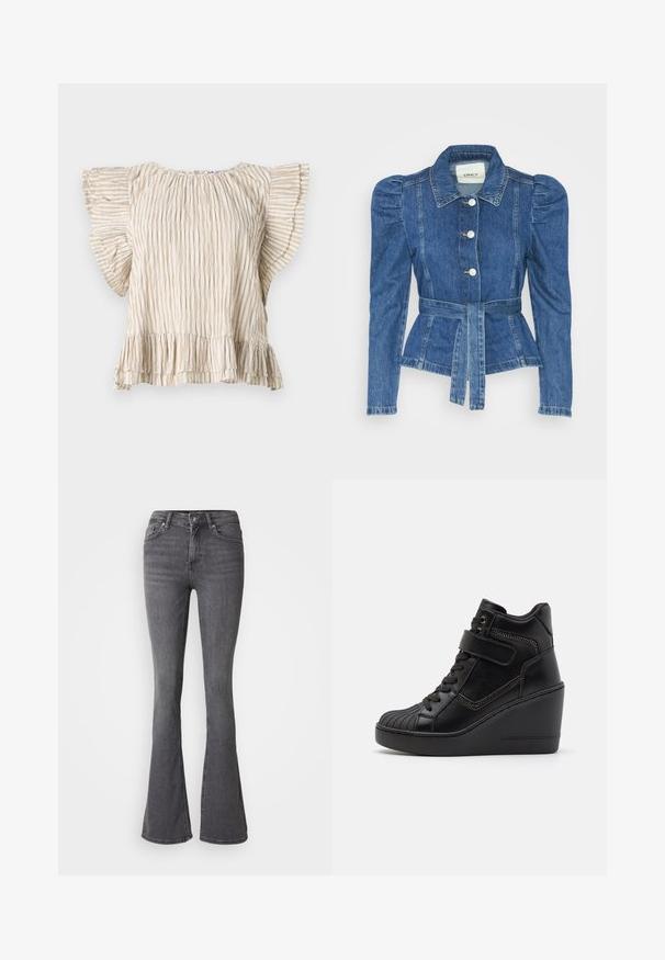 Veste en denim avec une taille ceinturée, un buste ajusté et des épaules bouffantes. Couleur bleu moyen, design structuré et fermetures à boutons sur le devant.; Haut beige à manches courtes avec des plis verticaux, des manches à volants évasés et un ourlet froncé. Tissu léger avec une texture délicate.; Jean évasé gris avec taille haute, fermeture à bouton, cinq poches et accents de couture subtils. Fabriqué en denim avec une texture lisse.; Baskets montantes à talon en cuir lisse, avec un laçage à l'avant, une sangle ajustable et des accents de zip décoratifs.