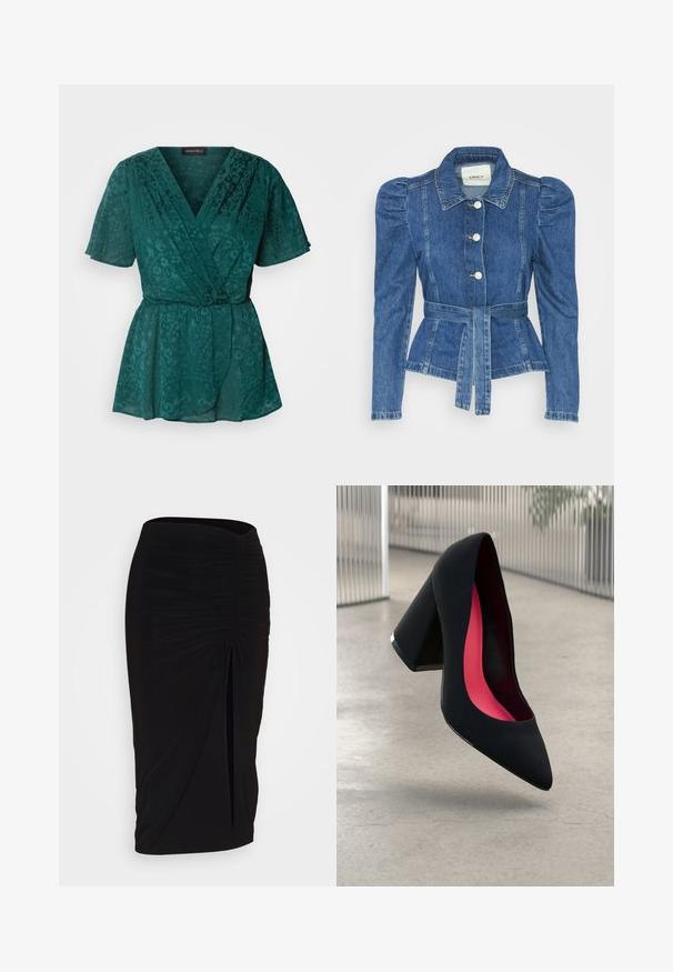 Jeansjacke mit tailliertem Schnitt, fitted Oberteil und gepufften Schultern. Mittelblaue Farbe, strukturierte Form und Frontknopfverschlüsse.; Teal, leichtes Wickeloberteil mit kurzen Ärmeln, das mit floralen Mustern, einem V-Ausschnitt und einem Bindegürtel in der Taille versehen ist.; Schwarzer, geraffter Bleistiftrock mit Bindegürtel und seitlichem Schlitz. Hergestellt aus einem dehnbaren Stoff, mit glatter Textur und figurschmeichelndem Design.; Schwarzer High Heel Schuh mit spitzer Zehe, strukturiertem Obermaterial und lebhaftem pinken Innenraum. Verfügt über einen dicken Absatz mit silberner Akzentuierung.