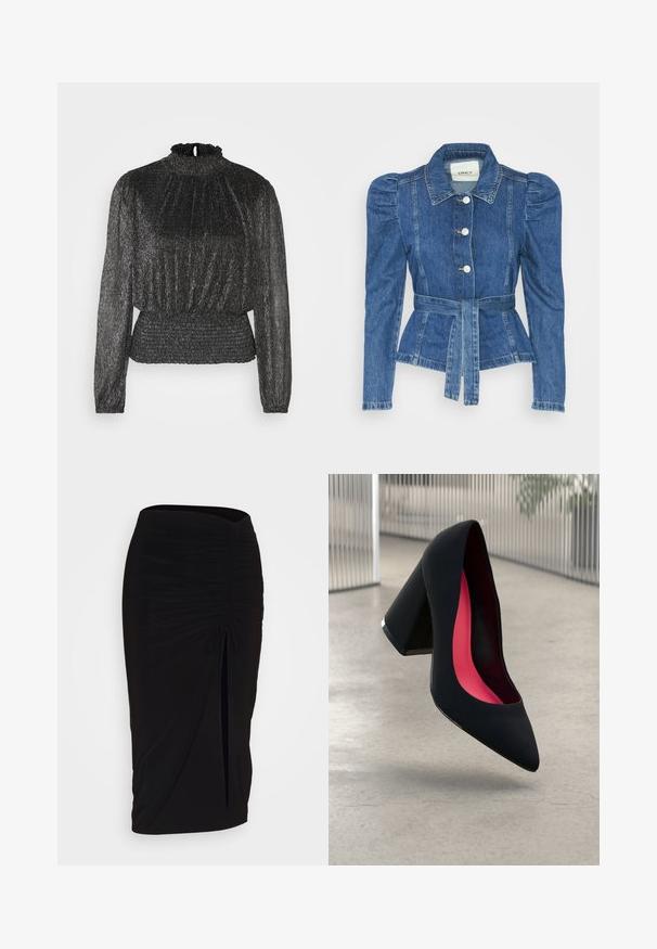 Spijkerjack met een ceintuur in de taille, een getailleerd lijfje en pofmouwen. Middelblauwe kleur, gestructureerd ontwerp en knoopsluitingen aan de voorkant.; Zwarte lange mouw top met een geraffineerde hals, geplooide textuur en smock tailleband, met een subtiele metallic glans door het hele ontwerp.; Zwarte, gerimpelde kokerrok met strikdetail en een zijsplit. Gemaakt van een rekbaar stof, met een soepele textuur en een aansluitend ontwerp.; Zwarte hoge hak met een spitse neus, textuur op het oppervlak en een opvallend roze interieur. Beschikt over een chunky hak met zilveren accent.