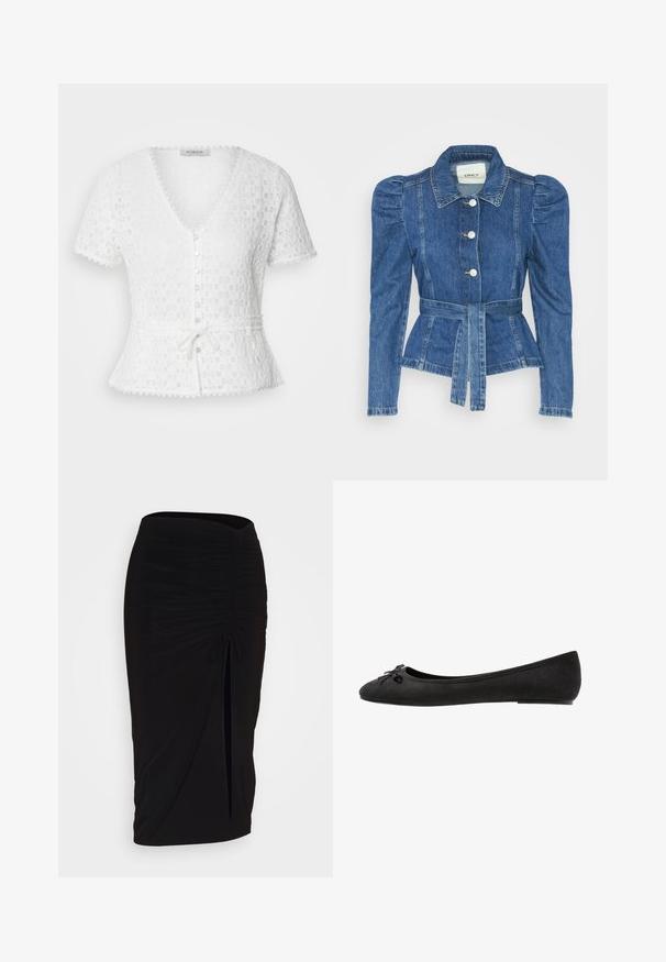 Jeansjacke mit tailliertem Schnitt, fitted Oberteil und gepufften Schultern. Mittelblaue Farbe, strukturierte Form und Frontknopfverschlüsse.; Weiße Bluse mit kurzen Ärmeln, V-Ausschnitt, strukturiertem Blumenmuster, Knopfleiste und gebundenem Taillengürtel. Verfügt über ausgeschnittene Kanten.; Schwarzer, geraffter Bleistiftrock mit Bindegürtel und seitlichem Schlitz. Hergestellt aus einem dehnbaren Stoff, mit glatter Textur und figurschmeichelndem Design.; Schwarze Wildleder-Balletschuhe mit abgerundeter Spitze, ausgestattet mit einer dekorativen Schleife vorne und einem flachen Sohlen-Design. Glatte Textur und klassisches Format.