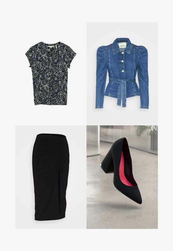 Jeansjacka med midjebälte, åtsittande liv och puffiga axlar. Mellanblå färg, strukturerad design och knäppning fram.; Marinblus med små vita, gröna och blå prickar, korta ärmar, v-ringning och rynkeffekt vid botten.; Svart, rynkad pennkjol med knytning och en sidoslits. Tillverkad av ett elastiskt tyg, med en jämn yta och figurnära design.; Svart högklackad sko med spetsig tå, texturerad yta och en livlig rosa inredning. Har en kraftig klack med silverdetaljer.