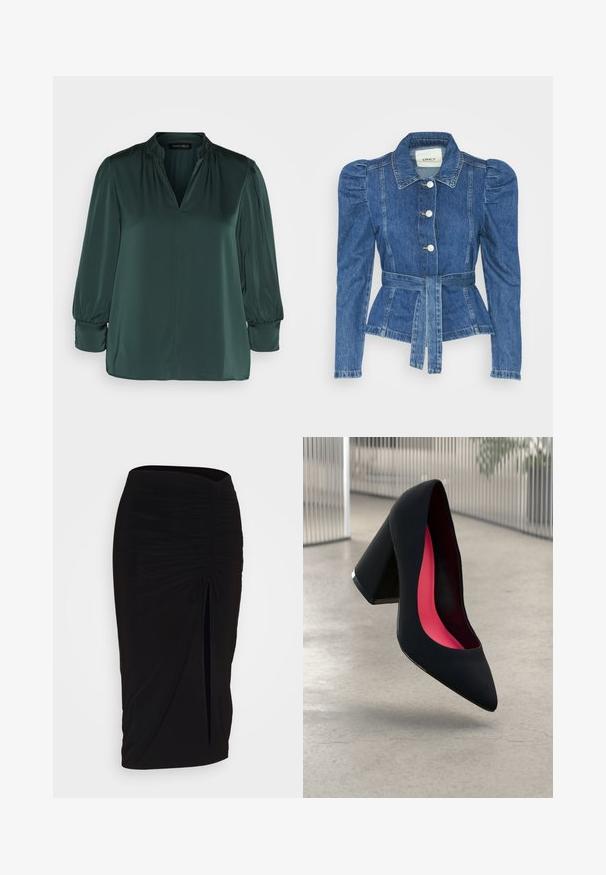 Casaco de ganga com cintura ajustada, corpete justo e ombros bufantes. Cor azul média, design estruturado e fecho frontal por botões.; Blusa verde escura feita de tecido suave, com decote em V, ombros franzidos e mangas longas com punhos elásticos. Design de barra reta.; Saia lápis preta, franzida, com detalhe de laço e uma fenda lateral. Feita de um tecido elástico, apresenta uma textura suave e um design justo ao corpo.; Sapato de salto alto preto com bico puntiagudo, superfície texturizada e um interior vibrante em rosa. Apresenta um salto grosso com detalhe em prata.