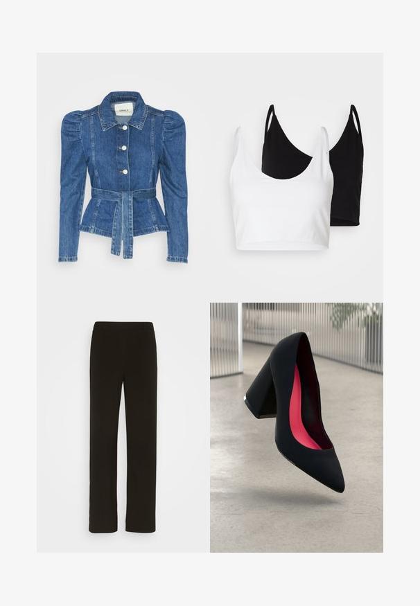 Jeansjacka med midjebälte, åtsittande liv och puffiga axlar. Mellanblå färg, strukturerad design och knäppning fram.; Två bomullstopp i vitt och svart. Varje topp har en djup krage och tunna axelband, med en slät och mjuk textur.; Svarta byxor med rak passform, tillverkade av vävt tyg, med platt front, två sidofickor och en slät yta. Inga synliga mönster eller detaljer.; Svart högklackad sko med spetsig tå, texturerad yta och en livlig rosa inredning. Har en kraftig klack med silverdetaljer.