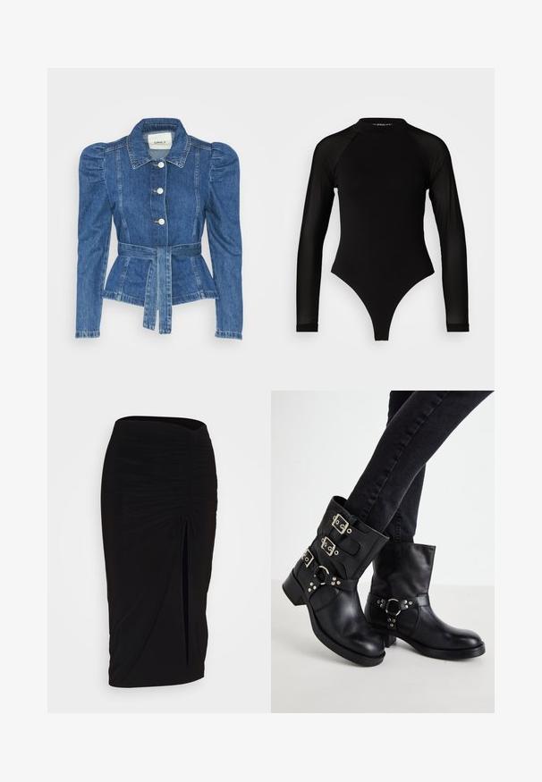 Džínová bunda s páskem v pase, přiléhavým střihem a nadýchanými ramenními vycpávkami. Středně modrá barva, strukturovaný design a zapínání na knoflíky vpředu.; Černý body s dlouhým rukávem a vysokým límcem, s pevným materiálem na trupu a průhlednými síťovanými rukávy, navržený v přiléhavém střihu.; Černá, řasená tužková sukně s detailem na zavazování a bočním rozparkem. Vyrobena z elastického materiálu s hladkou texturou a přiléhavým střihem.; Černé kožené kotníkové boty se třemi sponami, zaoblenou špičkou a nízkým blokovým podpatkem. Design obsahuje hladké a texturované panely.