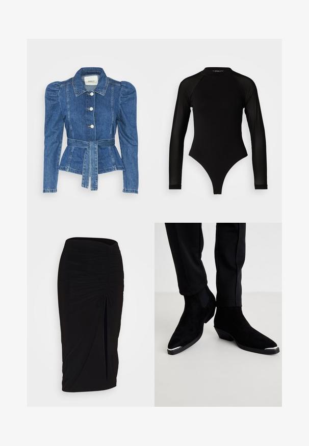 Džínová bunda s páskem v pase, přiléhavým střihem a nadýchanými ramenními vycpávkami. Středně modrá barva, strukturovaný design a zapínání na knoflíky vpředu.; Černý body s dlouhým rukávem a vysokým límcem, s pevným materiálem na trupu a průhlednými síťovanými rukávy, navržený v přiléhavém střihu.; Černá, řasená tužková sukně s detailem na zavazování a bočním rozparkem. Vyrobena z elastického materiálu s hladkou texturou a přiléhavým střihem.; Černé semišové kotníkové boty s špičatou špičkou a nízkým podpatkem. Mají stříbrný špičkový kryt a elastické postranní panely. Nosené s černými zúženými kalhotami.