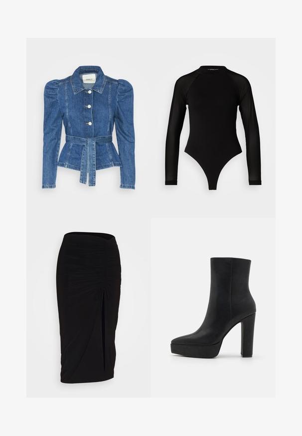 Džínová bunda s páskem v pase, přiléhavým střihem a nadýchanými ramenními vycpávkami. Středně modrá barva, strukturovaný design a zapínání na knoflíky vpředu.; Černý body s dlouhým rukávem a vysokým límcem, s pevným materiálem na trupu a průhlednými síťovanými rukávy, navržený v přiléhavém střihu.; Černá, řasená tužková sukně s detailem na zavazování a bočním rozparkem. Vyrobena z elastického materiálu s hladkou texturou a přiléhavým střihem.; Černé kotníkové boty s špičatou špičkou, vyrobené z hladké kůže. Mají výrazný vysoký podpatek a platformovou podrážku pro větší výšku.